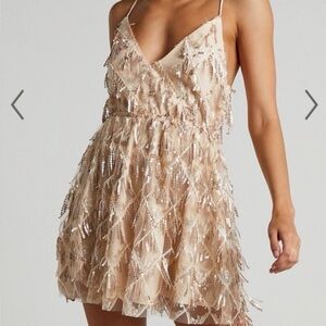 Beaded Champagne Spaghetti-Strap Party Dress